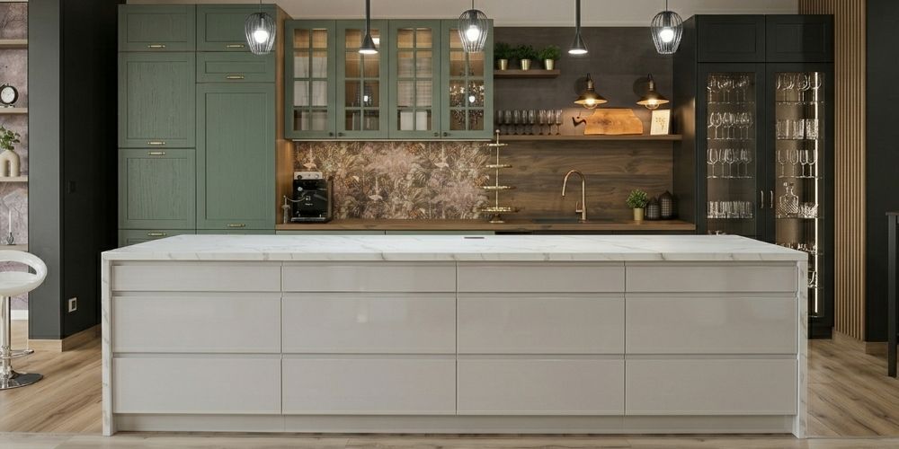 Concepcio showroom lakberendezés – modern konyha zöld bútorfrontokkal és design burkolatokkal
