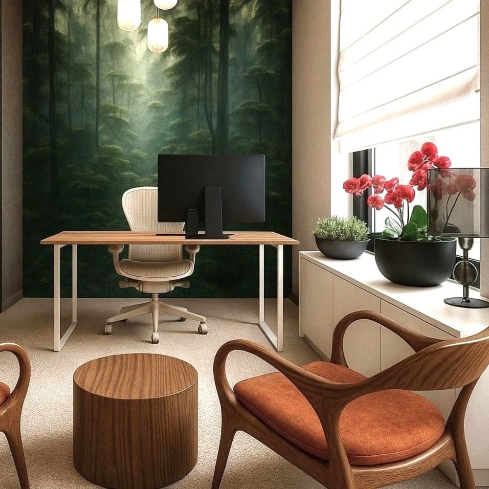 Modern home office természet ihlette falburkolattal