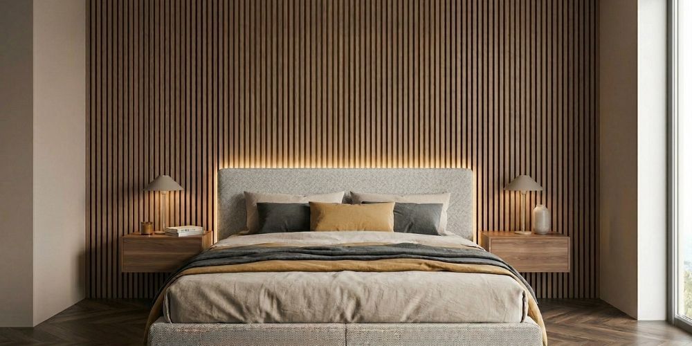 Hálószoba design akusztikus falpanellel az ágyvégben