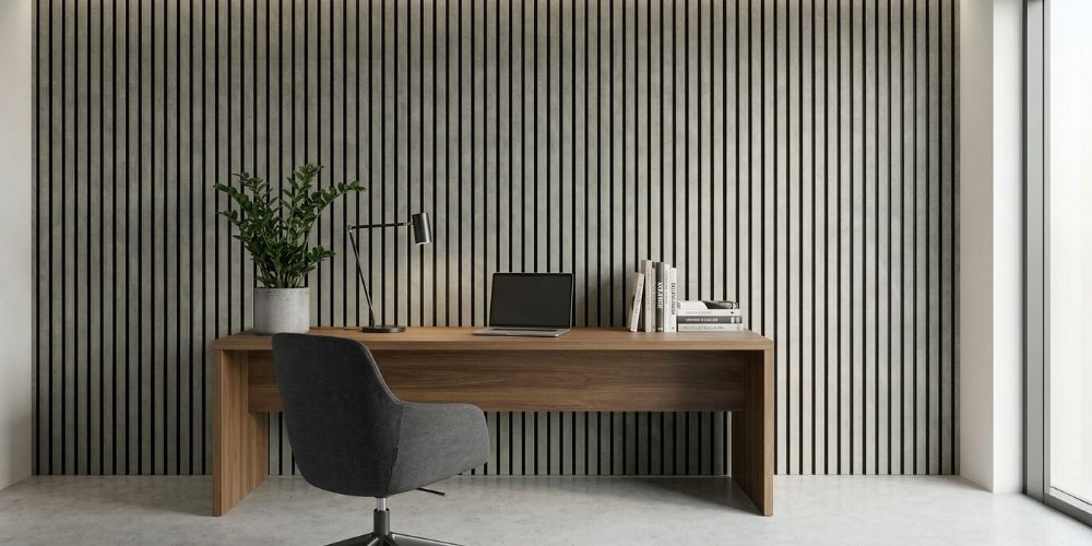Home office enteriőr akusztikus falburkolattal, modern térben