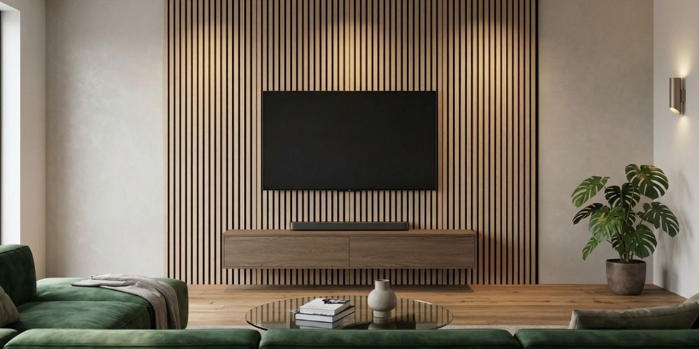 Modern nappali akusztikus falpanel TV fal mögött